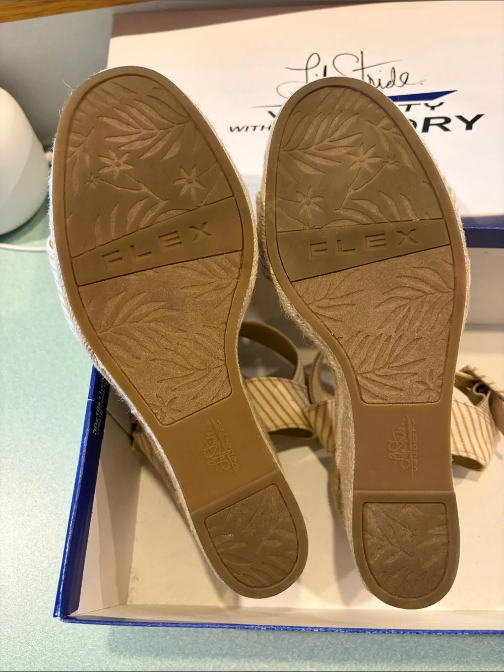 Life Stride Beige and White Striped Espadrille Wedge Sandals